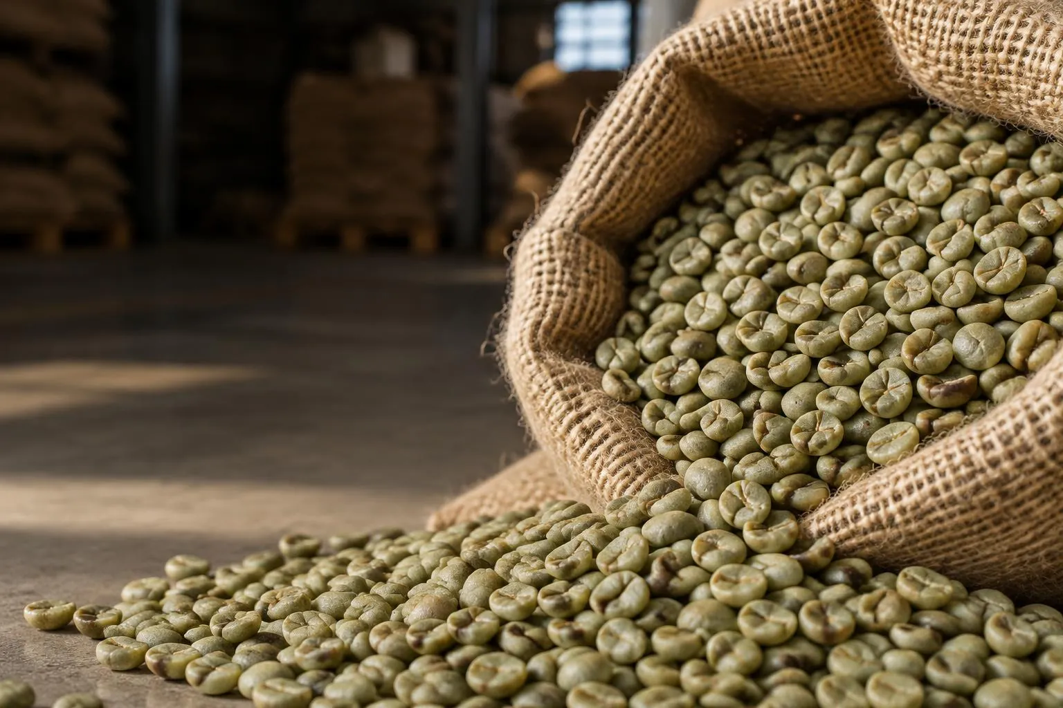 Illustrative Vietnamese green Robusta coffee beans